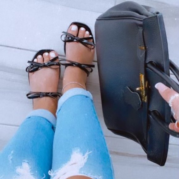 Shoes - Black Bow Open Toe Flat Sandal